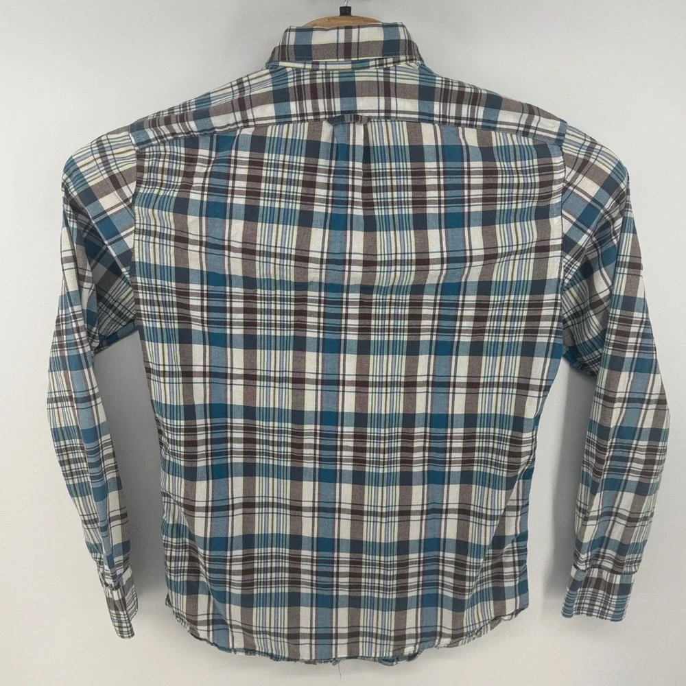 J.Crew Mens Slim Indian Madras Plaid Button Down Shirt Blue Brown G0784 Size M